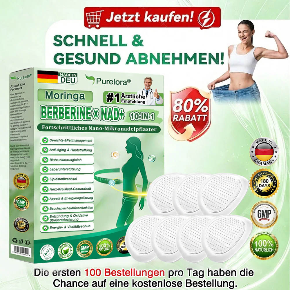 🔥 Offizieller Bestseller丨Purelora® Moringa Berberine NAD+ 10-in-1 Nano-Mikronadel-Patch (Nur einmal täglich, sichtbare Veränderungen in 7 Tagen) ✅ Für Übergewicht, lockere Haut, Diabetes, Schlafapnoe, Gelenkprobleme und mehr